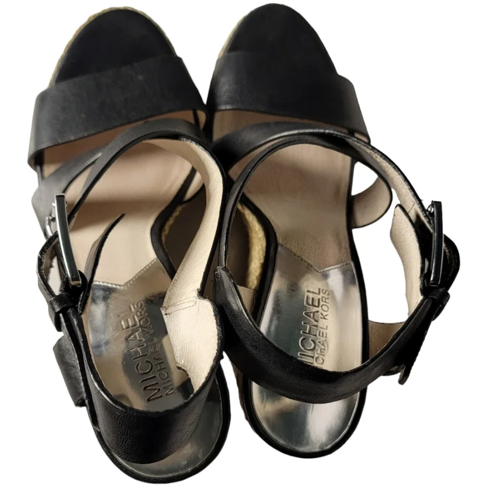 Michael Kors Giovanna Black Leather Espadrille Wedge Sandals Size 7 - Picture 4 of 5